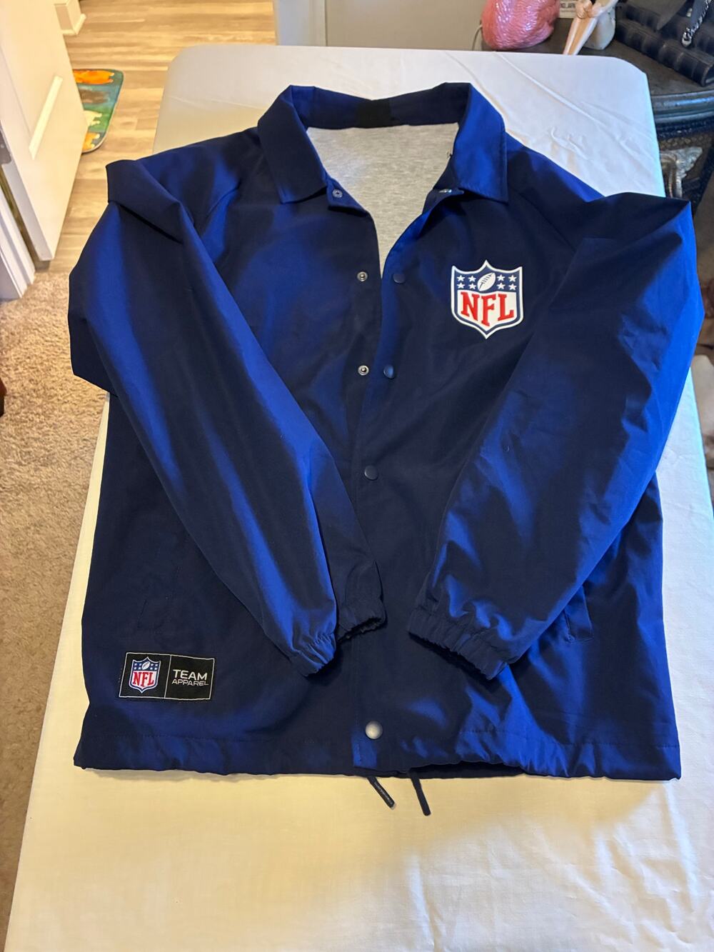 NFL Coach Jacket Large Blue Snap Front Team Apparel Primark Logo Windbreaker